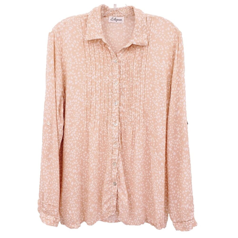 Eliana Pintuck Button Up Shirt Women's M Apricot Speckled Print Roll Tab Sleeve